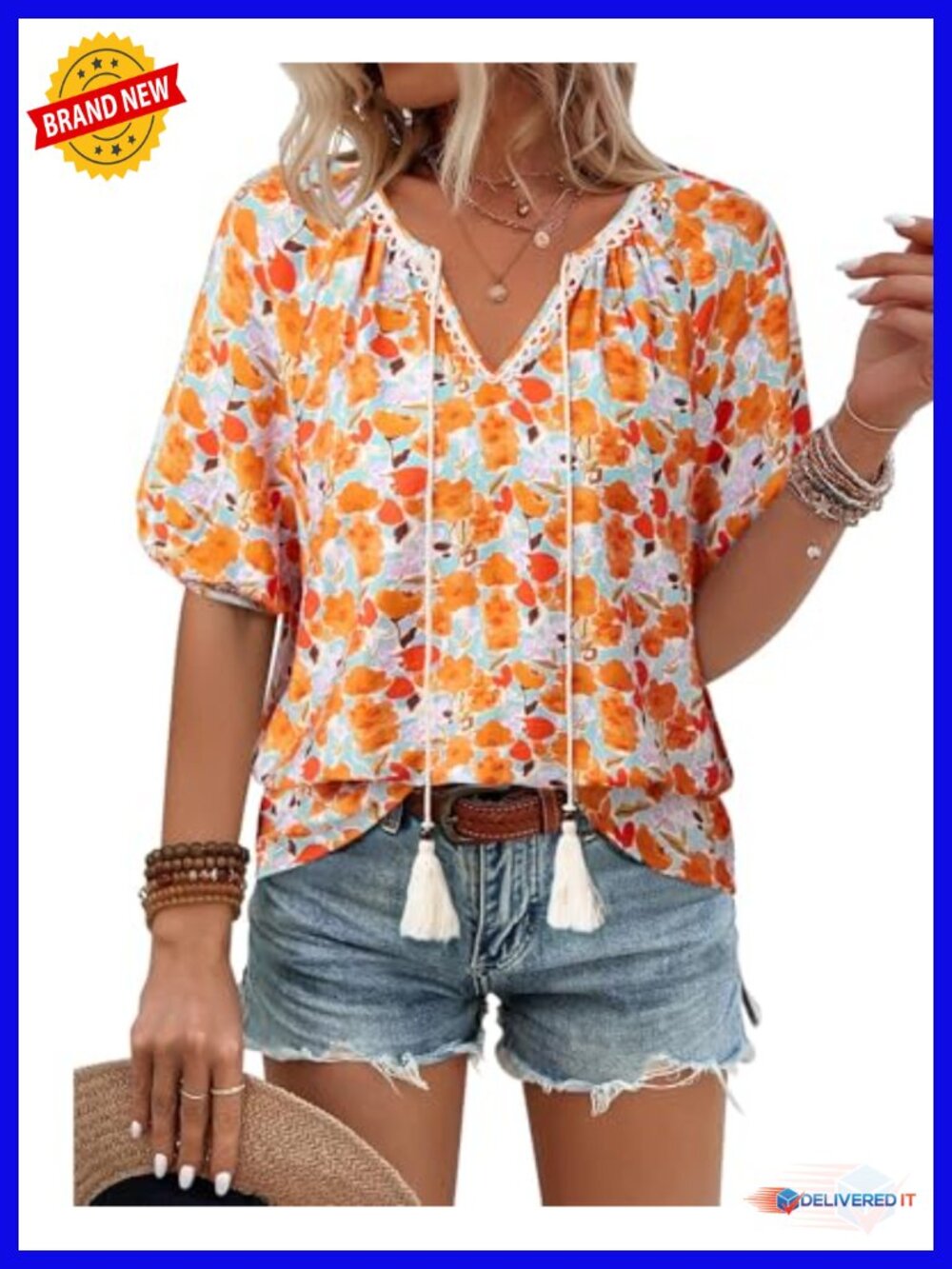 Boho V-Neck Short Sleeve Blouse Floral Printed Tie Front Flowy Vacation Top